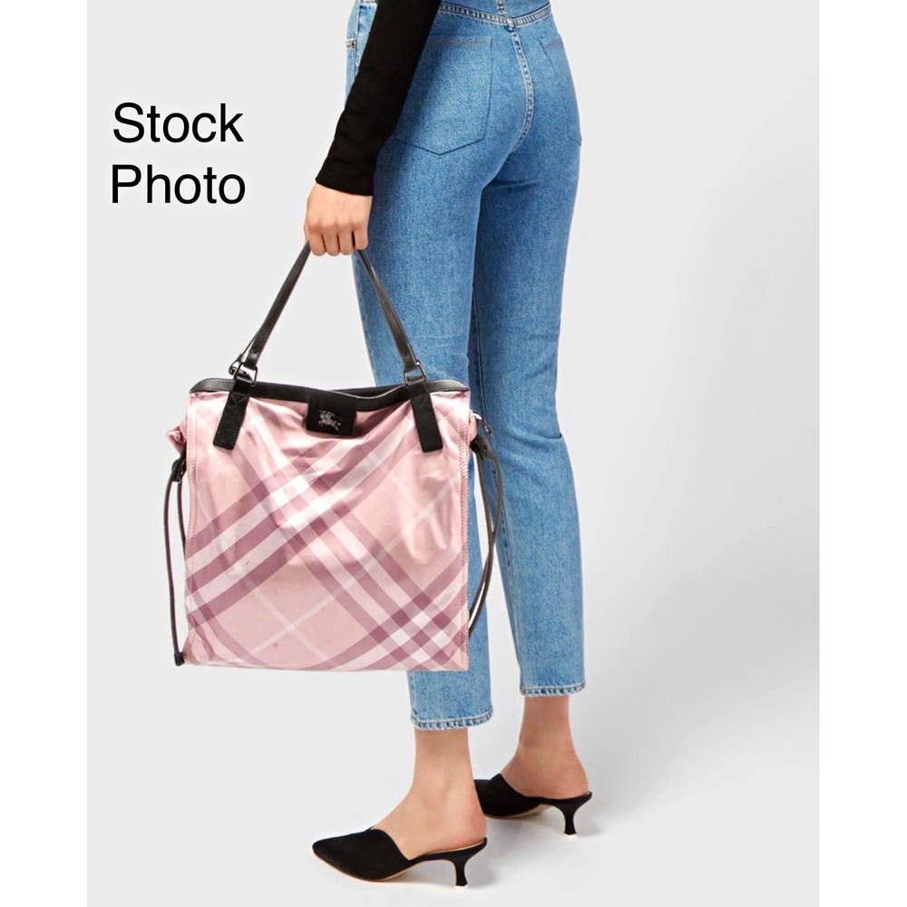 Burberry Nova Check Pink Plaid Medium Tote, Zip Closure, Black Leather Handles